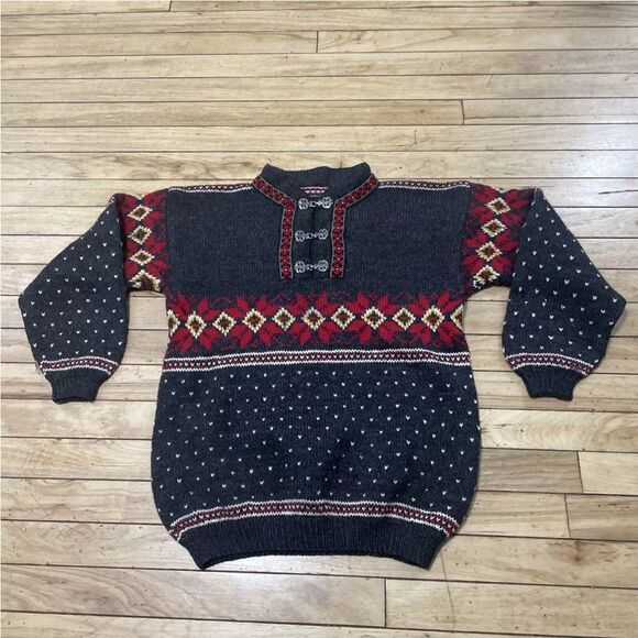 Vintage 80s 90s Wool Sweater Womens M FairIsle Winter Nordic Floral Gray Metal - Picture 12 of 16